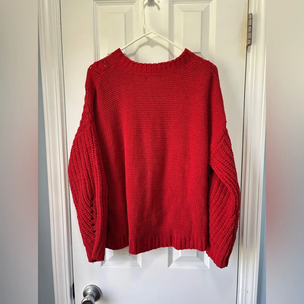 AQUA Women's Red Chunky Cable Knit Pullover‎ Cozy Sweater Size Medium - Picture 4 of 8